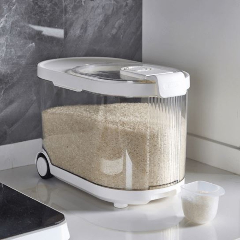 Moisture-resistant rice and grain storage container with wheels, approximately 10kg capacity