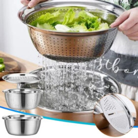 Multifunctional stainless steel colander with integrated grater for kitchen food preparation