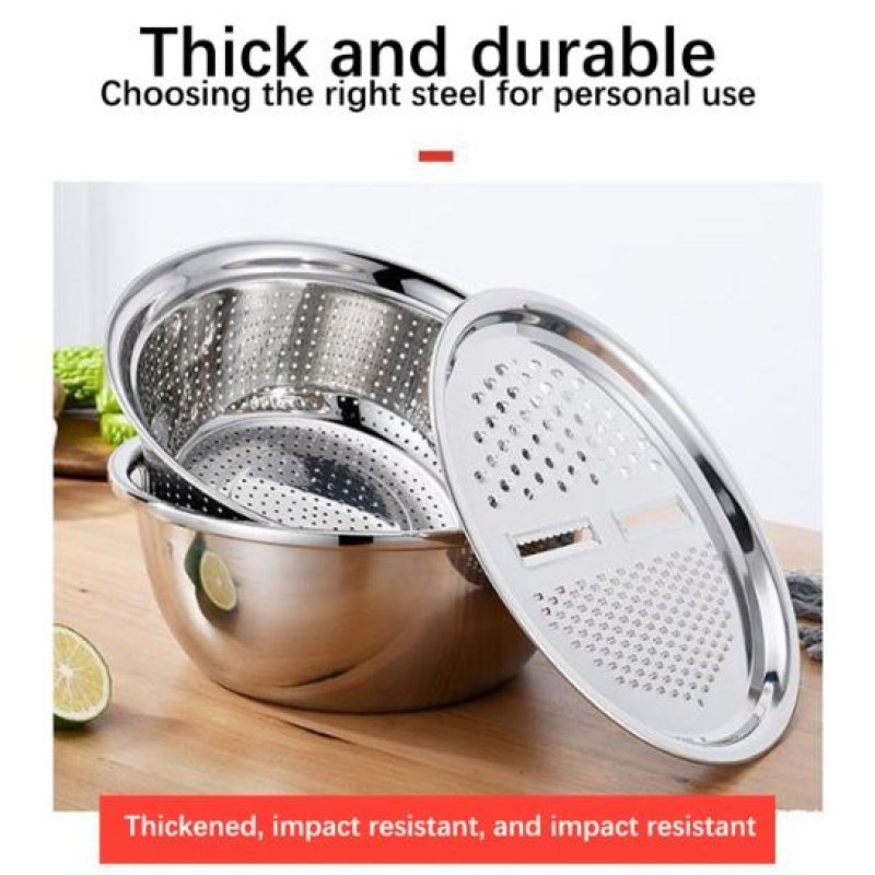 Multifunctional stainless steel colander with integrated grater for kitchen food preparation